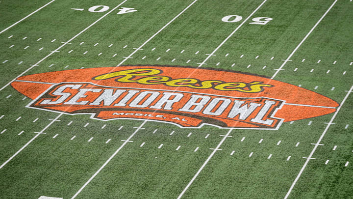 Jan 27, 2018; Mobile, AL, USA; General view of the Reese's center field logo during the 2018 Senior