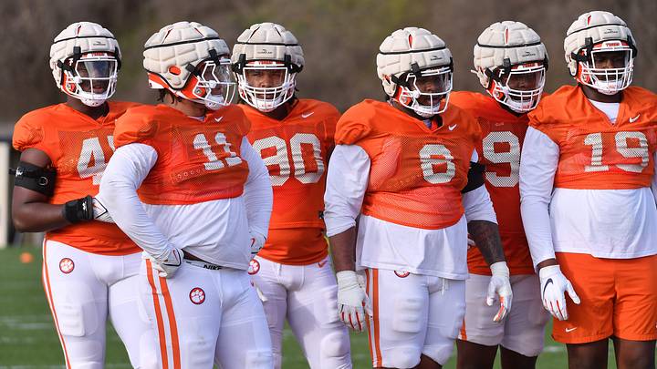 The Clemson University football team at the third day of spring practice at the University's football Complex in Clemson, SC, Wednesday, March 8, 2023.  The Clemson defensive line prepares for drills.

Gre 2023 Day 3 Clemson Football49