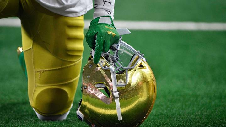 Dec 29, 2018; Arlington, TX, United States; A view of a Notre Dame Fighting Irish helmet before the 2018 Cotton Bowl college football playoff semifinal game between the Fighting Irish and the Tigers at AT&T Stadium Stadium. Mandatory Credit: Jerome Miron-Imagn Images Dec 29, 2018; Arlington, TX, United States; A view of a Notre Dame Fighting Irish helmet before the 2018 Cotton Bowl college football playoff semifinal game between the Fighting Irish and the Tigers at AT&T Stadium Stadium. Mandatory Credit: Jerome Miron-Imagn Images