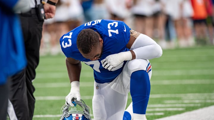 Aug 21, 2022; East Rutherford, New Jersey, USA; New York Giants offensive lineman Evan Neal (73)