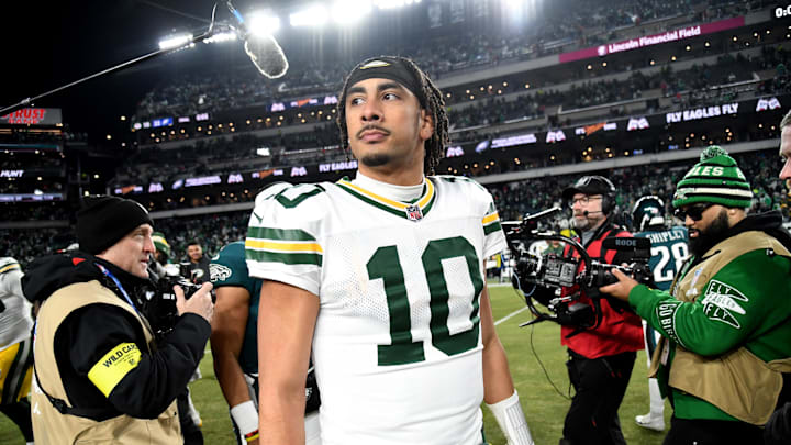 Jan 12, 2025; Philadelphia, Pennsylvania, USA; Green Bay Packers quarterback Jordan Love (10) on the field after loss to the Philadelphia Eagles in an NFC wild card game at Lincoln Financial Field. Mandatory Credit: Eric Hartline-Imagn Images