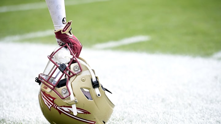 Apr 20, 2024; Tallahassee, Florida, USA; Florida State Seminoles helmet during the Spring Showcase