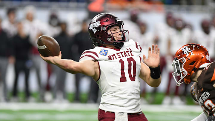 Dec 26, 2022; Detroit, Michigan, USA; New Mexico State University quarterback Diego Pavia (10)