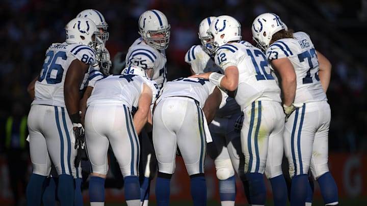 Oct 2, 2016; London, United Kingdom; Indianapolis Colts quarterback Andrew Luck (12) huddles with