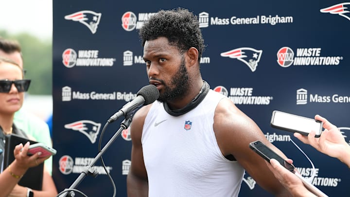 Jul 27, 2023; Foxborough, MA, USA; New England Patriots wide receiver JuJu Smith-Schuster (7) holds