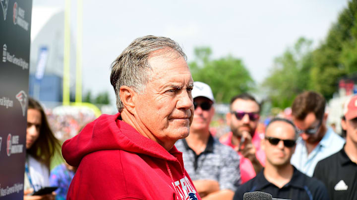 Jul 27, 2023; Foxborough, MA, USA; New England Patriots head coach Bill Belichick holds a morning