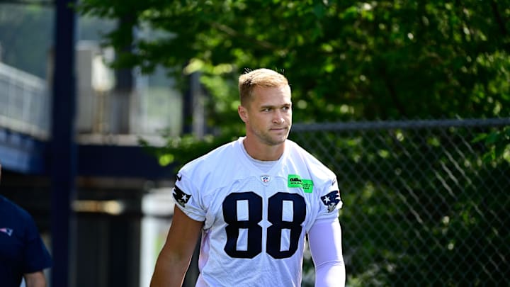 Jul 26, 2023; Foxborough, MA, USA; New England Patriots tight end Mike Gesicki (88) makes his way to