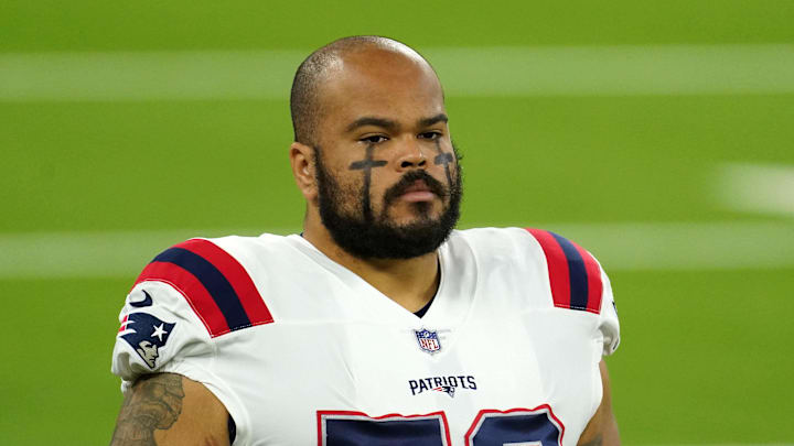 Dec 10, 2020; Inglewood, California, USA; New England Patriots offensive lineman Jermaine Eluemunor