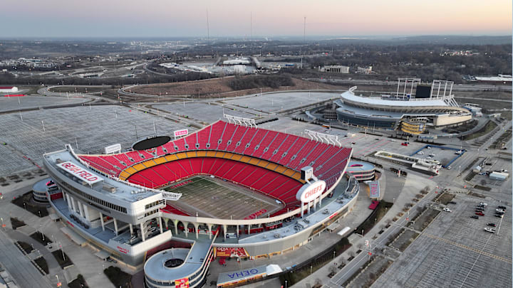 Feb 14, 2024; Kansas City, MO, USA; A general overall aerial view of Arrowhead Stadium (foreground) and Kauffman Stadium at the Truman Sports Complex. Mandatory Credit: Kirby Lee-USA TODAY Sports
