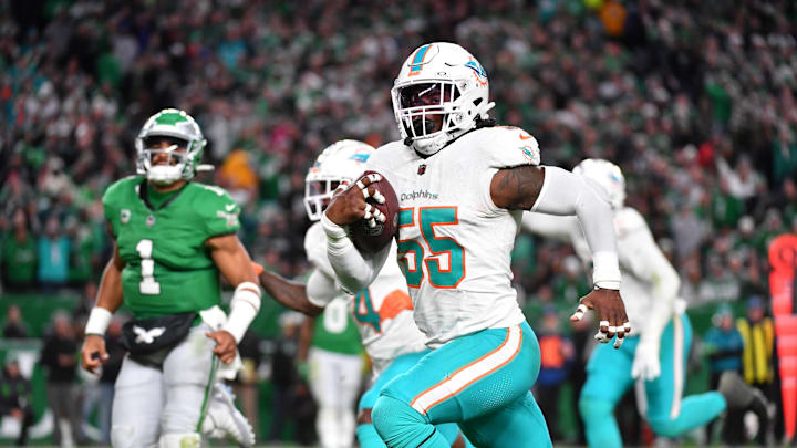 Oct 22, 2023; Philadelphia, Pennsylvania, USA; Miami Dolphins linebacker Jerome Baker (55) returns