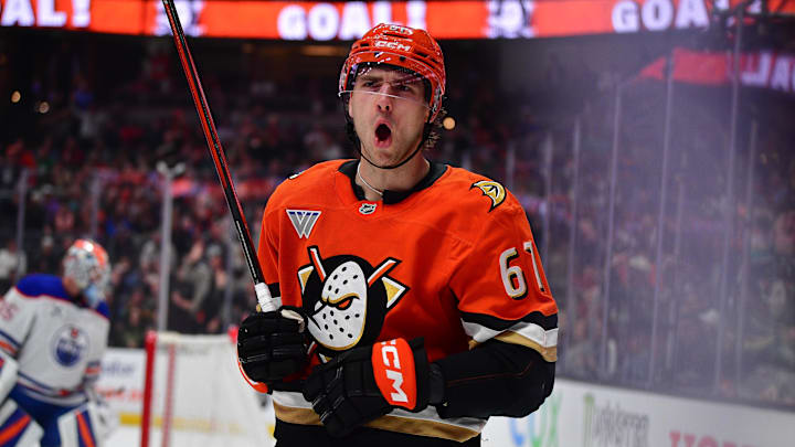 Apr 7, 2025; Anaheim, California, USA; Anaheim Ducks left wing Cutter Gauthier (61) celebrates his goal scored against the Edmonton Oilers during the second period at Honda Center. Mandatory Credit: Gary A. Vasquez-Imagn Images