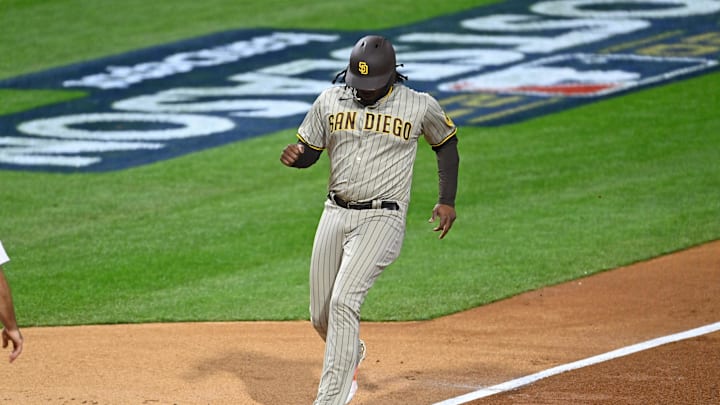 Oct 22, 2022; Philadelphia, Pennsylvania, USA; San Diego Padres first baseman Josh Bell (24) scores