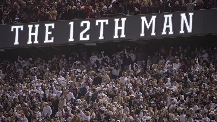 Nov 26, 2022; College Station, Texas, USA; A view of the 12th man logo and Texas A&M Aggies fans and students during the game between the Texas A&M Aggies and the LSU Tigers at Kyle Field. Mandatory Credit: Jerome Miron-Imagn Images
