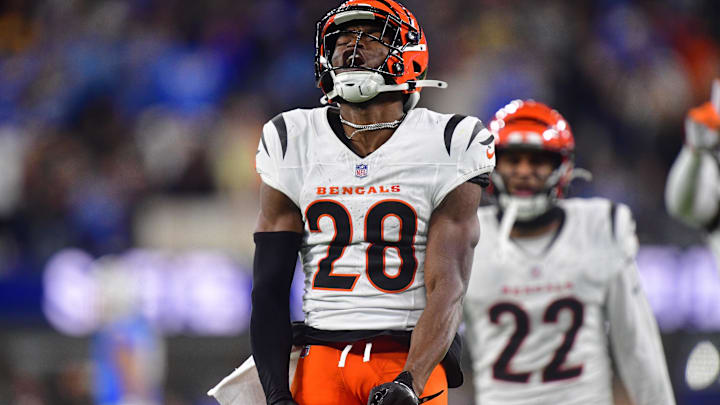 Nov 17, 2024; Inglewood, California, USA; Cincinnati Bengals cornerback Josh Newton (28) reacts after breaking up a pass intended for Los Angeles Chargers wide receiver Joshua Palmer (5) during the second half at SoFi Stadium. Mandatory Credit: Gary A. Vasquez-Imagn Images Nov 17, 2024; Inglewood, California, USA; Cincinnati Bengals cornerback Josh Newton (28) reacts after breaking up a pass intended for Los Angeles Chargers wide receiver Joshua Palmer (5) during the second half at SoFi Stadium. Mandatory Credit: Gary A. Vasquez-Imagn Images