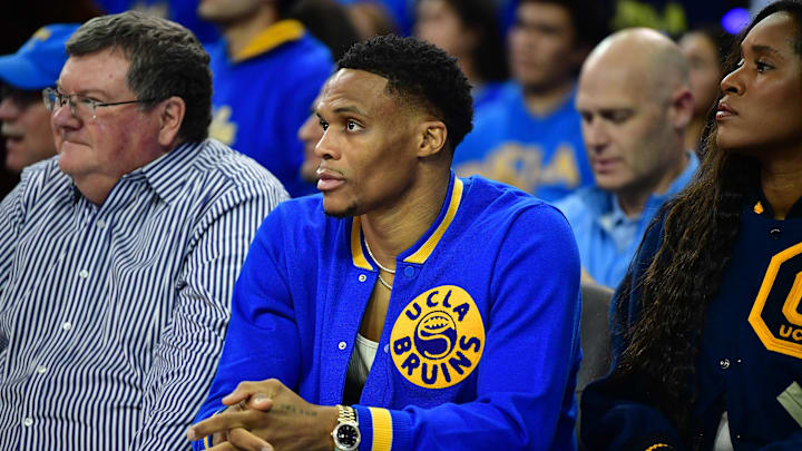 Jan 5, 2023; Los Angeles, California, USA; Former UCLA player Russell Westbrook in attendance as the UCLA Bruins play against the Southern California Trojans during the first half at Pauley Pavilion. Mandatory Credit: Gary A. Vasquez-Imagn Images