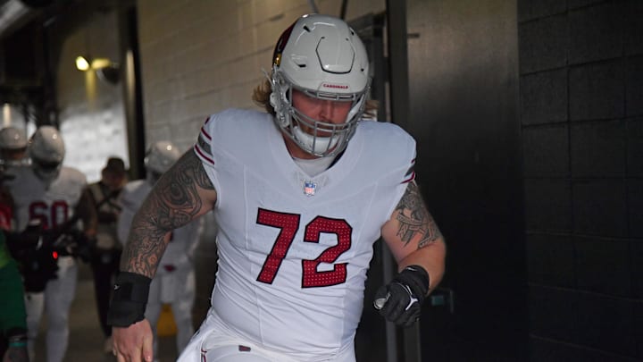 Dec 31, 2023; Philadelphia, Pennsylvania, USA;  Arizona Cardinals guard Hjalte Froholdt (72) in the tunnel before game against the Philadelphia Eagles at Lincoln Financial Field. Mandatory Credit: Eric Hartline-USA TODAY Sports