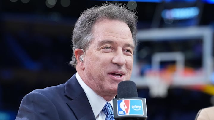 Oct 24, 2025; Los Angeles, California, USA; NBA on Prime play-by-play announcer Kevin Harlan during the game between the Minnesota Timberwolves and the Los Angeles Lakers at Crypto.com Arena. Mandatory Credit: Kirby Lee-Imagn Images