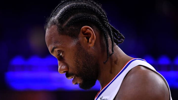 Dec 23, 2022; Philadelphia, Pennsylvania, USA; Los Angeles Clippers forward Kawhi Leonard (2) looks on against the Philadelphia 76ers in the fourth quarter at Wells Fargo Center. 