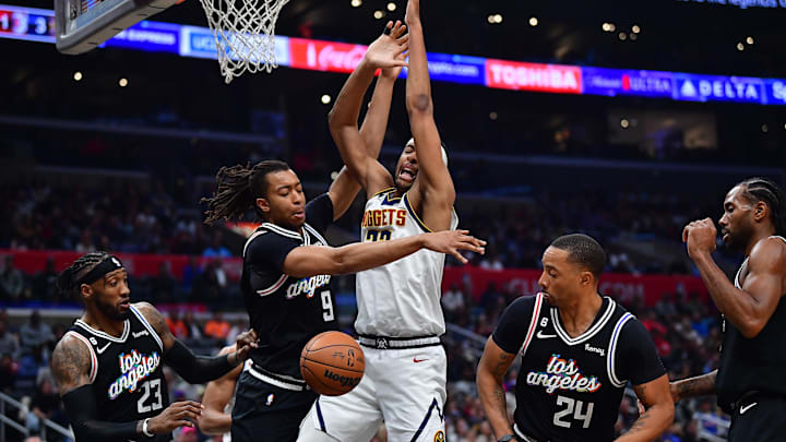 January 13, 2023; Los Angeles, California, USA; Los Angeles Clippers center Moses Brown (9) plays for the ball against Denver Nuggets forward Zeke Nnaji (22) during the second half at Crypto.com Arena. Mandatory Credit: Gary A. Vasquez-Imagn Images January 13, 2023; Los Angeles, California, USA; Los Angeles Clippers center Moses Brown (9) plays for the ball against Denver Nuggets forward Zeke Nnaji (22) during the second half at Crypto.com Arena. Mandatory Credit: Gary A. Vasquez-Imagn Images