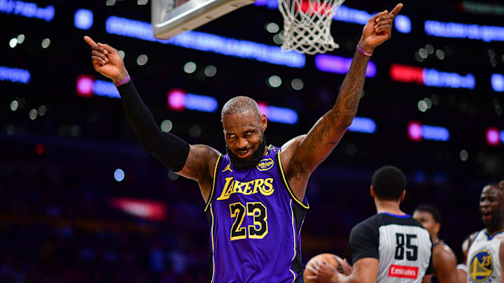 Feb 6, 2025; Los Angeles, California, USA; Los Angeles Lakers forward LeBron James (23) reacts during the second half at Crypto.com Arena. Mandatory Credit: Gary A. Vasquez-Imagn Images Feb 6, 2025; Los Angeles, California, USA; Los Angeles Lakers forward LeBron James (23) reacts during the second half at Crypto.com Arena. Mandatory Credit: Gary A. Vasquez-Imagn Images