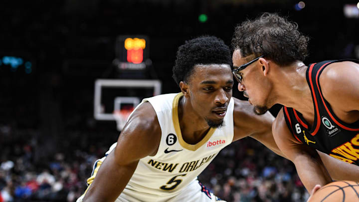 Nov 5, 2022; Atlanta, Georgia, USA; New Orleans Pelicans forward Herb Jones (5) pressures Atlanta Hawks guard Trae Young (11) in the third quarter at State Farm Arena. Mandatory Credit: Larry Robinson-Imagn Images