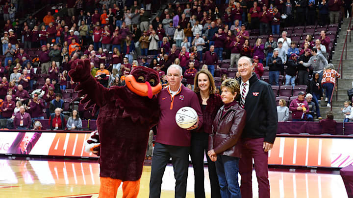 Feb 15, 2025; Blacksburg, Virginia, USA;  Virginia Tech Hokies head coach Mike Young gets acknowledged for his 400th career win before the game against Virginia the Cavaliers at Cassell Coliseum. Mandatory Credit: Brian Bishop-Imagn Images