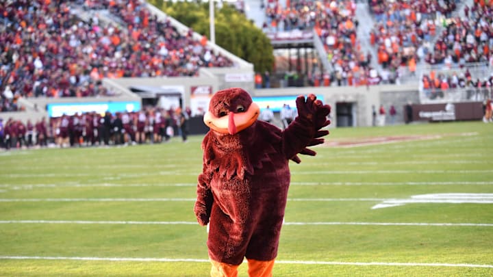 Nov 1, 2025; Blacksburg, Va.; The HokieBird during the third quarter at Lane Stadium.