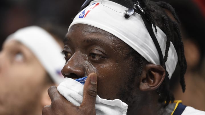Dec 23, 2023; Charlotte, North Carolina, USA; Denver Nuggets guard Reggie Jackson (7) in a timeout during the second half against the Charlotte Hornets at the Spectrum Center. Mandatory Credit: Sam Sharpe-USA TODAY Sports Dec 23, 2023; Charlotte, North Carolina, USA; Denver Nuggets guard Reggie Jackson (7) in a timeout during the second half against the Charlotte Hornets at the Spectrum Center. Mandatory Credit: Sam Sharpe-USA TODAY Sports