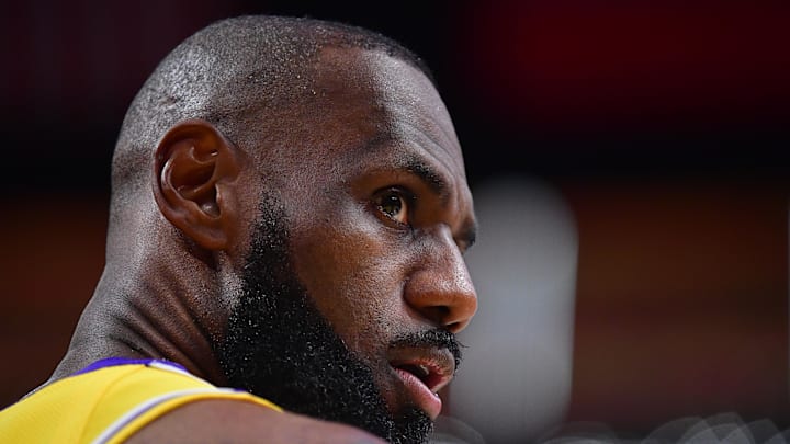 Los Angeles Lakers forward LeBron James reacts during the first half at Crypto.com Arena. Mandatory Credit: Gary A. Vasquez-Imagn Images