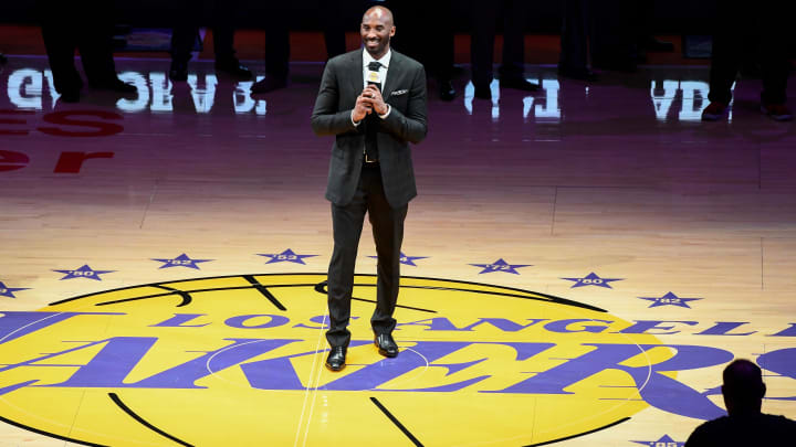 Dec 18, 2017; Los Angeles, CA, USA; Kobe Bryant addresses the Staples Center crowd during a halftime ceremony to retire his two uniforms numbers, 8 and 24. Mandatory Credit: Robert Hanashiro-USA TODAY Sports