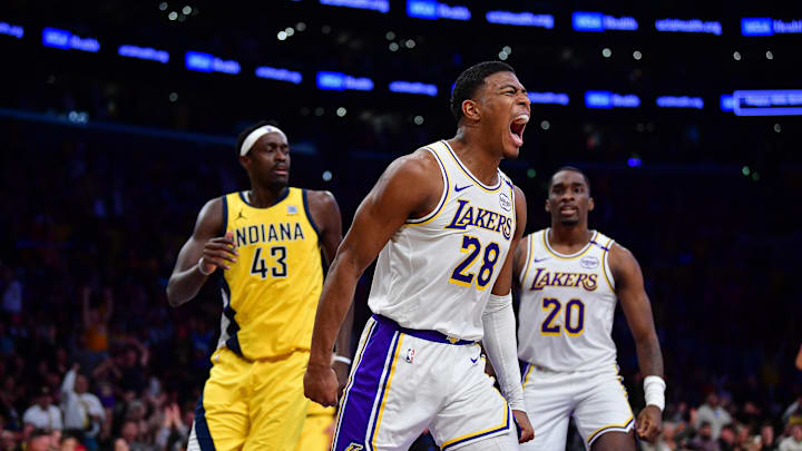 Feb 8, 2025; Los Angeles, California, USA; Los Angeles Lakers forward Rui Hachimura (28) reacts after dunking for the basket against the Indiana Pacers during the second half at Crypto.com Arena. Mandatory Credit: Gary A. Vasquez-Imagn Images