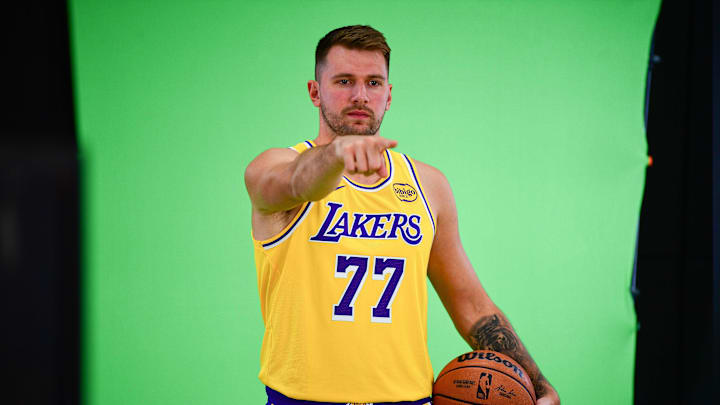 Sep 29, 2025; Los Angeles, CA, USA; Los Angeles Lakers guard Luka Doncic (77) during media day at UCLA Health Training Center. Mandatory Credit: Gary A. Vasquez-Imagn Images