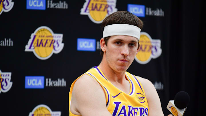 Sep 29, 2025; Los Angeles, CA, USA; Los Angeles Lakers guard Austin Reaves (15) during media day at UCLA Health Training Center. Mandatory Credit: Gary A. Vasquez-Imagn Images