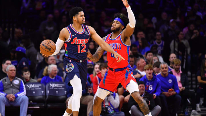 Apr 10, 2022; Philadelphia, Pennsylvania, USA; Philadelphia 76ers forward Tobias Harris (12) controls the ball defended by Detroit Pistons forward Saddiq Bey (41) in the first quarter at Wells Fargo Center. Mandatory Credit: Kyle Ross-USA TODAY Sports