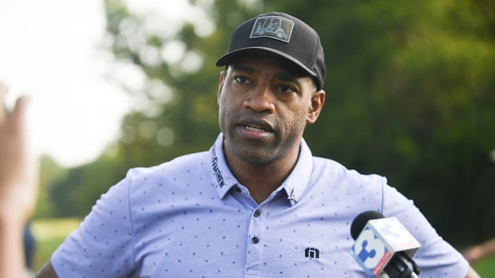 NBA Hall of Famer and former Memphis Grizzly Vince Carter speaks during the Danny Thomas Celebrity-Am held in conjunction with the FedEx St. Jude Championship at the Spring Creek Ranch in Collierville, Tenn., on Thursday, Aug. 15, 2024.