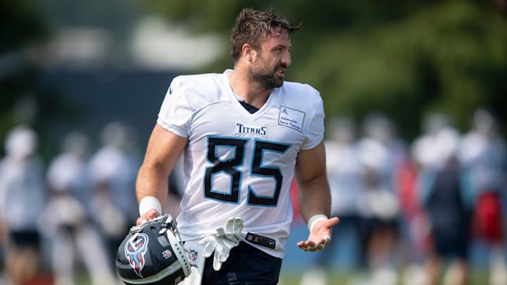 Tennessee Titans tight end Luke Stocker (85) walks to the next drill during a training camp practice at Saint Thomas Sports Park Monday, Aug. 2, 2021 in Nashville, Tenn.

Nas 0802 Titans Camp 029