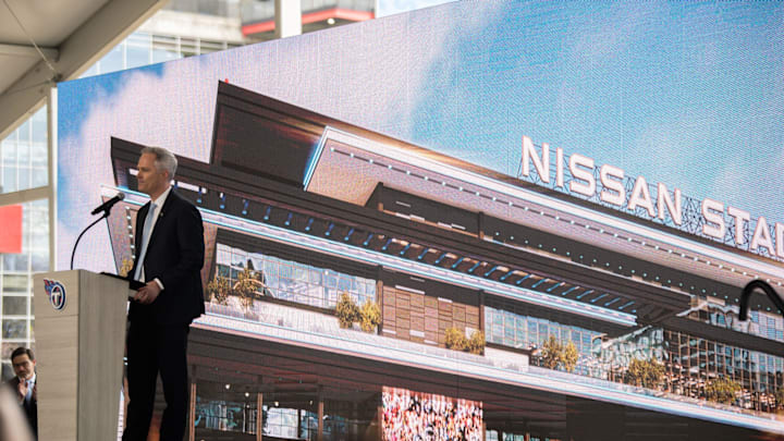 President and CEO of Tennessee Titans, Burke Nihill speaks during the groundbreaking event at the Nissan Stadium in Nashville, Tenn.,