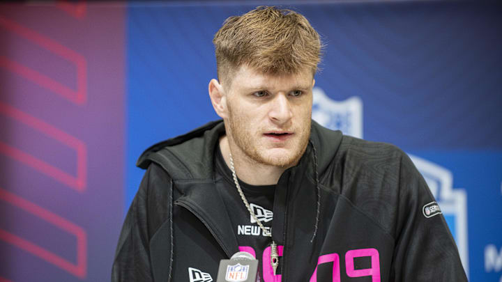 Nebraska tight end Thomas Fidone during the NFL Combine at Lucas Oil Stadium. Mandatory Credit: Tanner Pearson-Imagn Images Nebraska tight end Thomas Fidone during the NFL Combine at Lucas Oil Stadium. Mandatory Credit: Tanner Pearson-Imagn Images