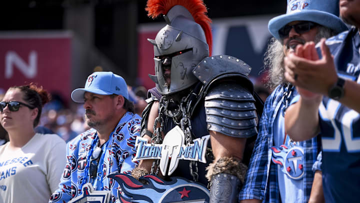 Sep 21, 2025; Nashville, Tennessee, USA; Tennessee Titans fans during the third quarter at Nissan Stadium. Mandatory Credit: Steve Roberts-Imagn Images
