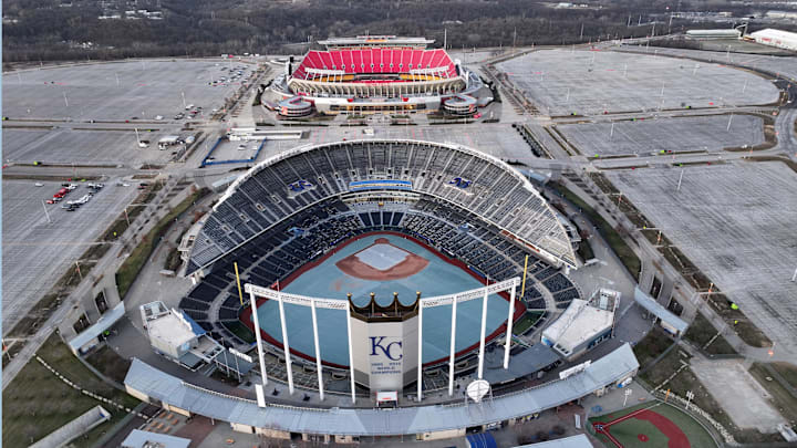 Feb 14, 2024; Kansas City, MO, USA; A general overall aerial view of Kauffman Stadium (foreground) and Arrowhead Stadium at the Truman Sports Complex. Mandatory Credit: Kirby Lee-Imagn Images Feb 14, 2024; Kansas City, MO, USA; A general overall aerial view of Kauffman Stadium (foreground) and Arrowhead Stadium at the Truman Sports Complex. Mandatory Credit: Kirby Lee-Imagn Images
