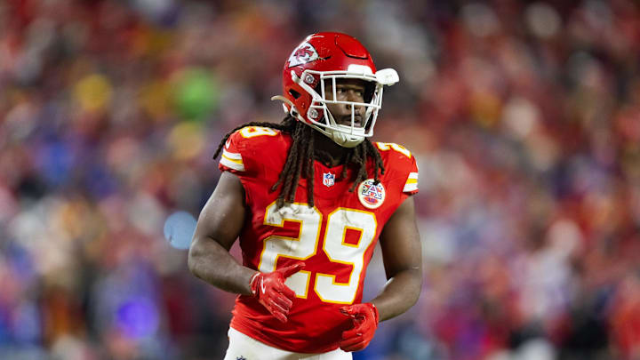 Jan 26, 2025; Kansas City, MO, USA; Kansas City Chiefs running back Kareem Hunt (29) against the Buffalo Bills in the AFC Championship game at GEHA Field at Arrowhead Stadium. Mandatory Credit: Mark J. Rebilas-Imagn Images