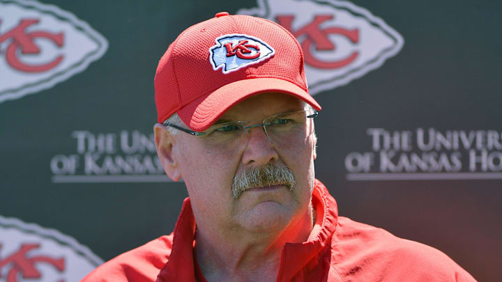 May 6, 2017; Kansas City, MO, USA; Kansas City Chiefs head coach Andy Reid speaks to media during the rookie mini camp at the University of Kansas Hospital Training Complex. Mandatory Credit: Denny Medley-Imagn Images May 6, 2017; Kansas City, MO, USA; Kansas City Chiefs head coach Andy Reid speaks to media during the rookie mini camp at the University of Kansas Hospital Training Complex. Mandatory Credit: Denny Medley-Imagn Images