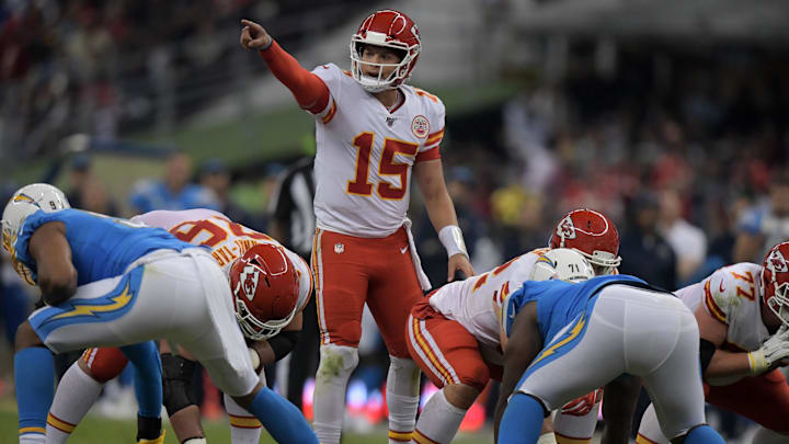 Nov 18, 2019; Mexico City, MEX; Kansas City Chiefs quarterback Patrick Mahomes (15) gestures in the second half against the Los Angeles Chargers during an NFL International Series game at Estadio Azteca. The Chiefs defeated the Chargers 24-17. Mandatory Credit: Kirby Lee-Imagn Images Nov 18, 2019; Mexico City, MEX; Kansas City Chiefs quarterback Patrick Mahomes (15) gestures in the second half against the Los Angeles Chargers during an NFL International Series game at Estadio Azteca. The Chiefs defeated the Chargers 24-17. Mandatory Credit: Kirby Lee-Imagn Images