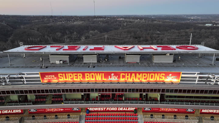 Feb 14, 2024; Kansas City, MO, USA; The Kansas City Chiefs Super Bowl 4, Super Bowl 54 and Super Bowl 57 championship banners at Arrowhead Stadium at the Truman Sports Complex. Mandatory Credit: Kirby Lee-Imagn Images