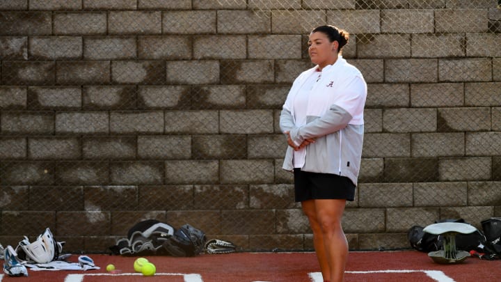 Alabama pitching coach Stephanie VanBrakle Prothro watches her staff warm up in the bull pen before the game with Florida State. The Crimson Tide fell short in a 6-5 loss to Florida State Wednesday, March 16, 2022, in Rhoads Stadium.

Florida State Vs Alabama Softball