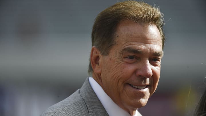 Sep 2, 2023; Tuscaloosa, Alabama, USA; Alabama Crimson Tide head coach Nick Saban smiles as he takes his pregame walk at Bryant-Denny Stadium before the Crimson Tide played MTSU. Mandatory Credit: Gary Cosby Jr.-Imagn Images Sep 2, 2023; Tuscaloosa, Alabama, USA; Alabama Crimson Tide head coach Nick Saban smiles as he takes his pregame walk at Bryant-Denny Stadium before the Crimson Tide played MTSU. Mandatory Credit: Gary Cosby Jr.-Imagn Images