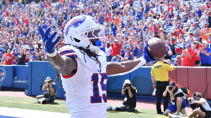 Buffalo Bills wide receiver Laviska Shenault Jr. reacts to catching a pass against the New York Giants.
