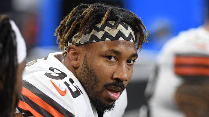 Cleveland Browns defensive end Myles Garrett (95) on the bench against the Buffalo Bills in the first quarter at Ford Field.