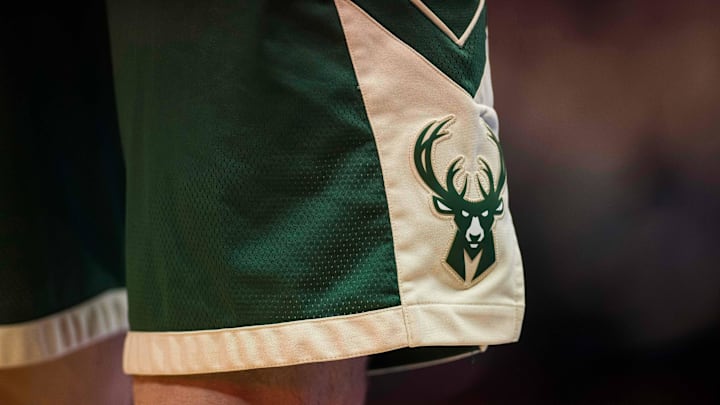 Feb 8, 2019; Dallas, TX, USA; A view of the Milwaukee Bucks logo during the game between the Mavericks and the Bucks at the American Airlines Center. Mandatory Credit: Jerome Miron-Imagn Images