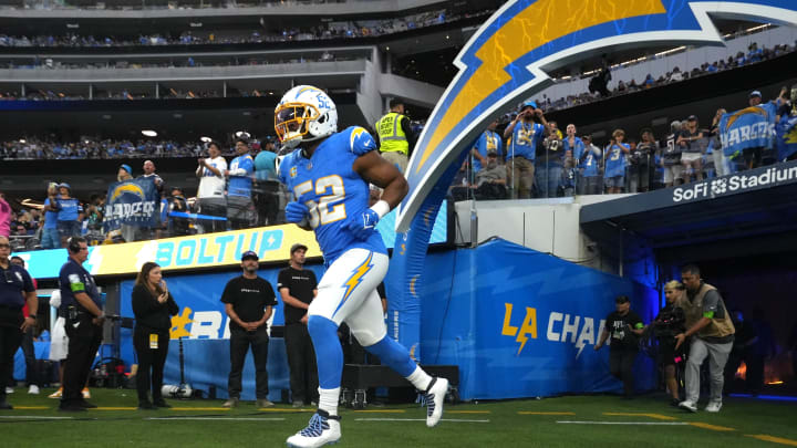 Oct 29, 2023; Inglewood, California, USA; Los Angeles Chargers linebacker Khalil Mack (52) enters the field before the game against the Chicago Bears at SoFi Stadium. Mandatory Credit: Kirby Lee-USA TODAY Sports